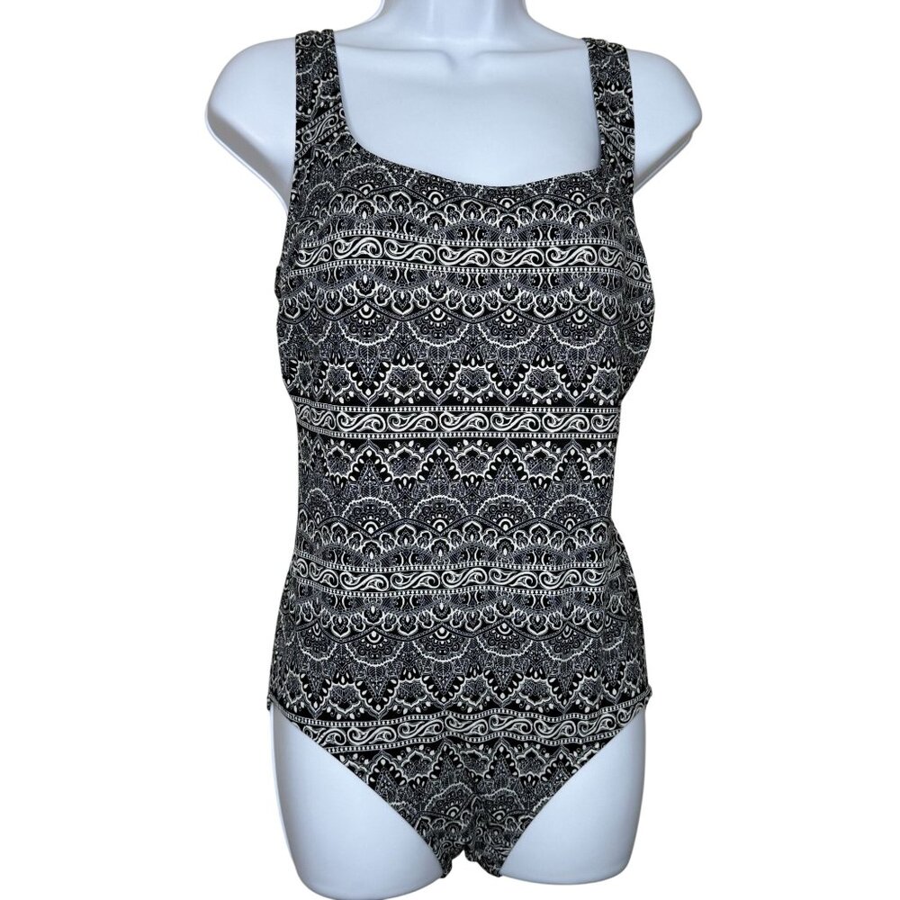 Vintage Robby Len One-Piece Swimsuit Criss Cross Back Black White Print Size 14 - Picture 8 of 10